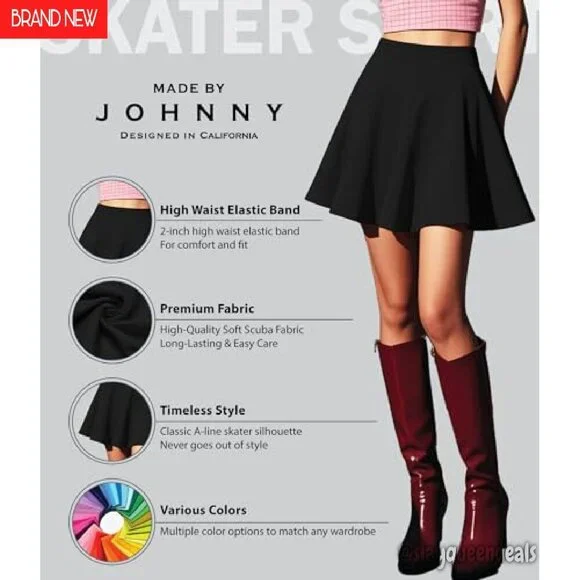 Stretchy Flared Mini Skater Skirt Elastic Waist XS-3XL Plus Size - Picture 5 of 8